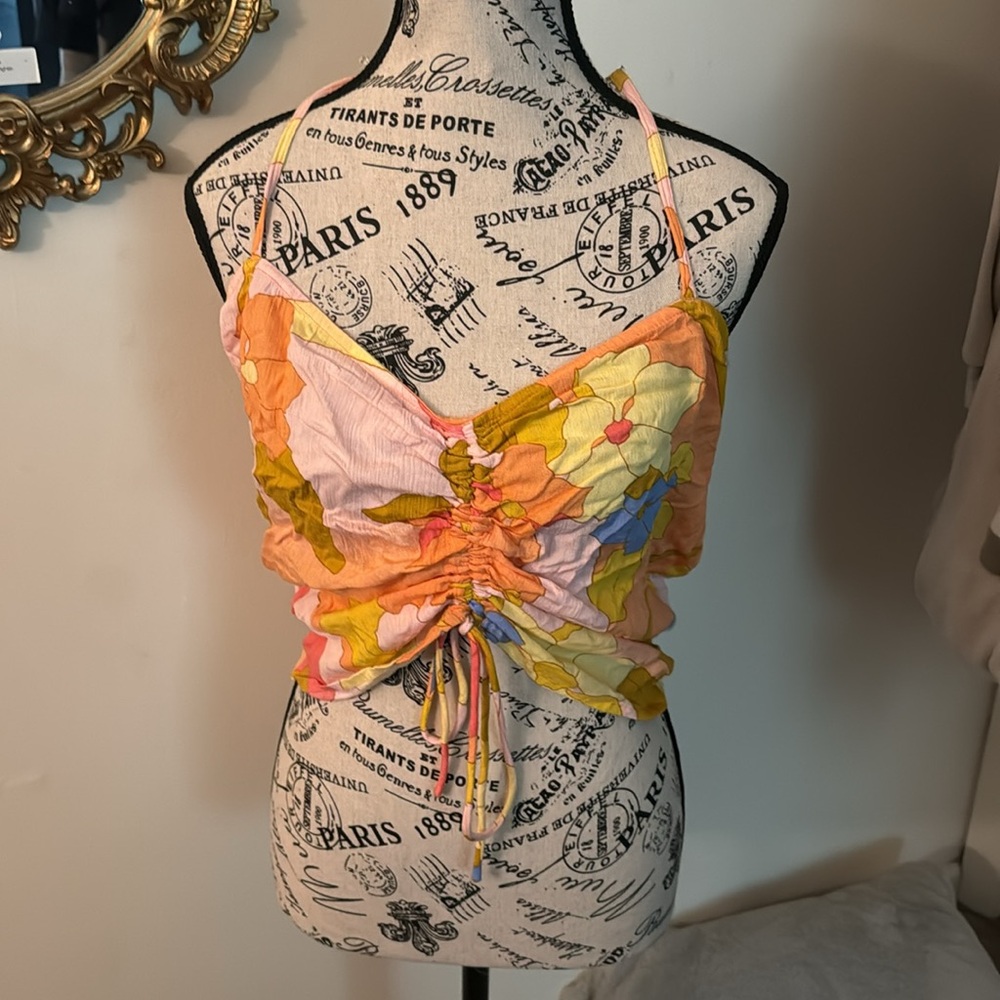 Billabong Orange and 70’s Floral Print Tank Top L NWT